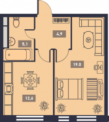 Однокомнатная квартира 41.6 м²